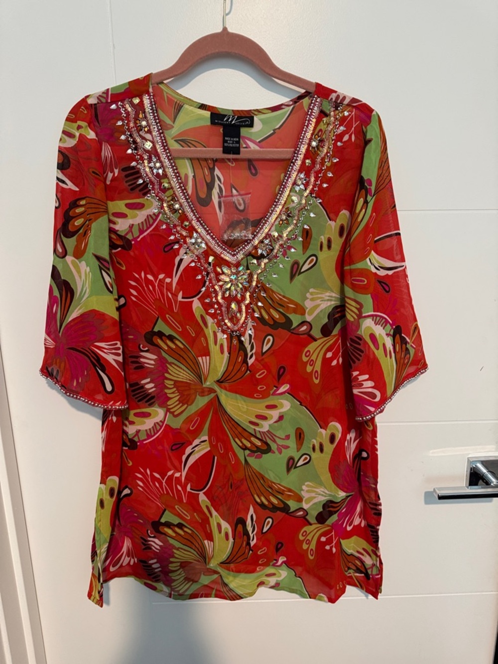 Midnight Velvet Beaded V-Neck Floral Tunic - Red & Green
